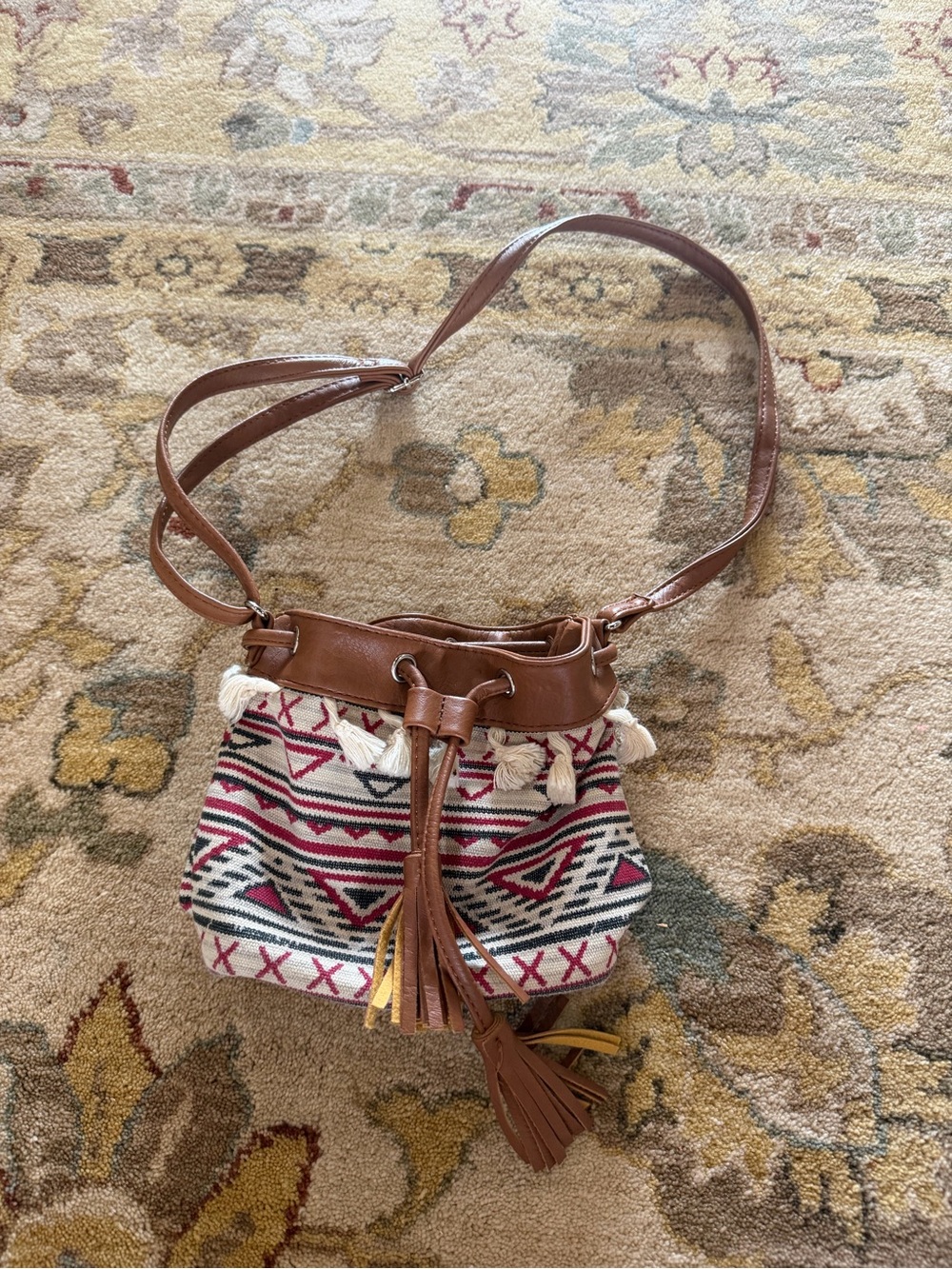 Art Class - Boho Tassel Drawstring Crossbody Bag - Brown Multicolor